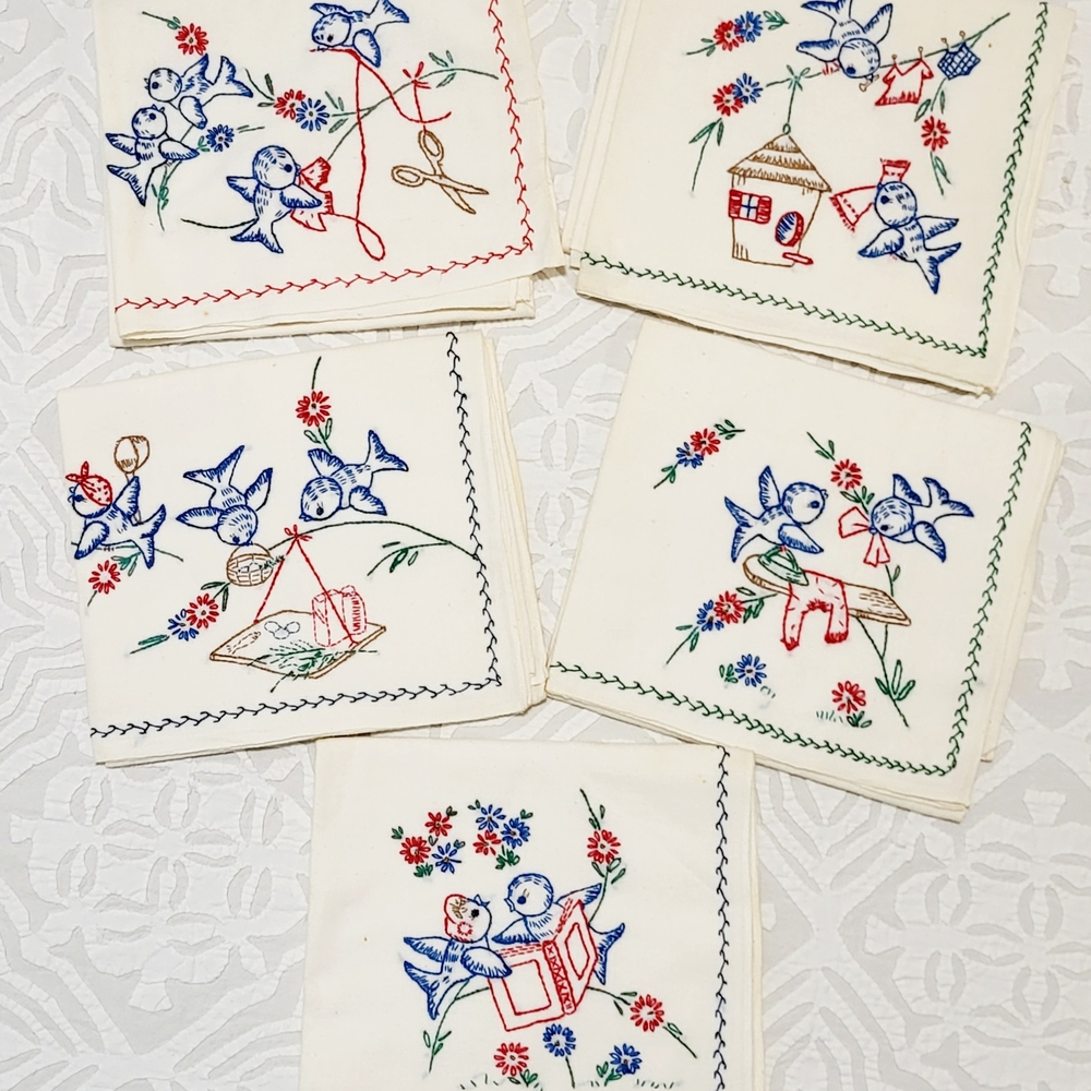 5 sets of Vintage Embroidered Bird Pillowcases